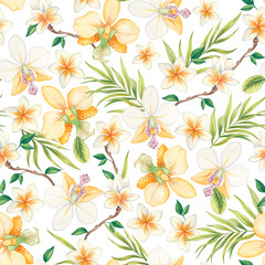 Watercolor seamless tropical pattern. Palm leaves, orchid flowers, frangipani plumeria on a white background, botanical watercolor.The hand-painted "paradise jungle" background is perfect for textiles