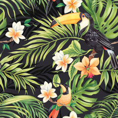 Watercolor seamless tropical pattern. With toucans, hummingbirds, exotic flowers, palm leaves, orchids and frangipani on a dark background. Hand painted floral pattern.