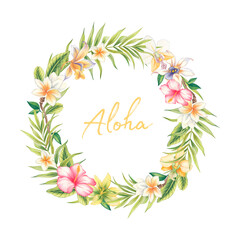 Watercolor floral illustrations - a wreath with tropical green leaves and bright flowers, for wedding gifts, greetings, wallpapers, fashion, backgrounds, textures, crafts, wrappers, postcards, etc.