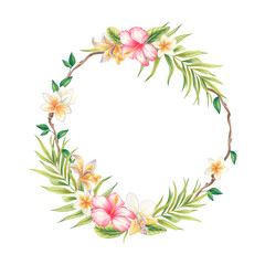 Watercolor floral illustrations - a wreath with tropical green leaves and bright flowers, for wedding gifts, greetings, wallpapers, fashion, backgrounds, textures, crafts, wrappers, postcards, etc.