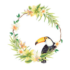 Naklejka premium Watercolor floral illustrations - a wreath with tropical green leaves, bright flowers and a toucan bird.Suitable for wedding gifts, greetings, backgrounds, textures, wrappers, postcards, etc.