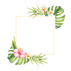 Fototapeta na wymiar Watercolor tropical frame border.Texture with greenery, branches, exotic flowers, tropical leaves, foliage, palm leaves.Perfect for wedding, invitations, greeting cards, quotes, drawings, logos, greet