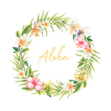 Watercolor floral illustrations - a wreath with tropical green leaves and bright flowers, for wedding gifts, greetings, wallpapers, fashion, backgrounds, textures, crafts, wrappers, postcards, etc.