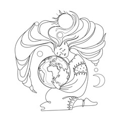 Young woman embraces Earth planet with care and love Vector Line Art illustration on white background.Fantasy art of Earth day and saving planet.Environment conservation and energy saving concept.
