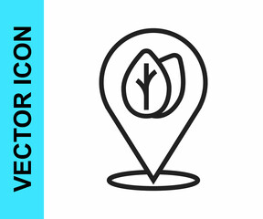 Black line Location pin with leaf inside icon isolated on white background. Leaves sign. Fresh natural product symbol. Vector