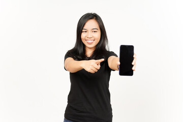 Showing Apps or Ads On Blank Screen Smartphone of Beautiful Asian Woman Isolated On White Background