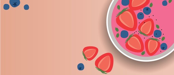 Smoothie bowls with strawberries, flat vector stock illustration with healthy vegan food, copy space template for design