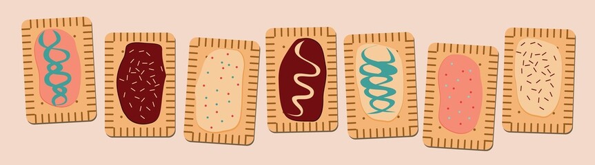 Homemade Pop-tarts made from scratch, flat vector stock illustration with set or collection of glazed cookies - obrazy, fototapety, plakaty