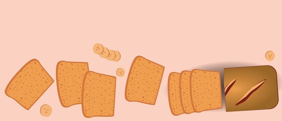 Banana bread slices, no people, flat vector stock illustration with gluten free food as copy space template
