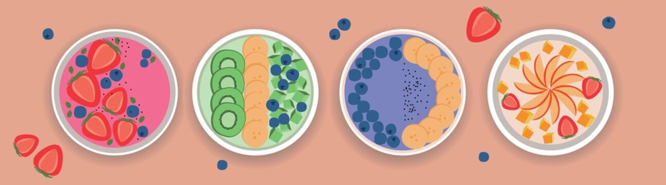 Smoothie bowls set, flat vector stock illustration with healthy vegan food, berries and fruits isolated