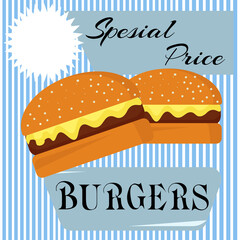 Burger, fast food logo or badge, emblem. Special offer of a restaurant or cafe.