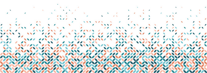 Abstract colorful horizontal panorama template banner on white background. Beige and turquoise confetti on under border with free space for text. Modern banner with leaf shape in trendy colors