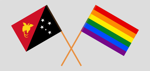 Crossed flags of Papua New Guinea and LGBTQ. Official colors. Correct proportion