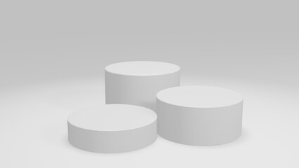 Set of 3 white podiums isolated on white background for product or object display with first, second and third positions