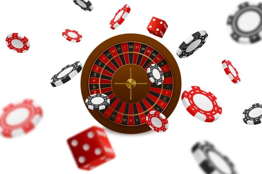 Vector illustration, casino background with casino chips game dice and wheel on white background. 3d background for casino games