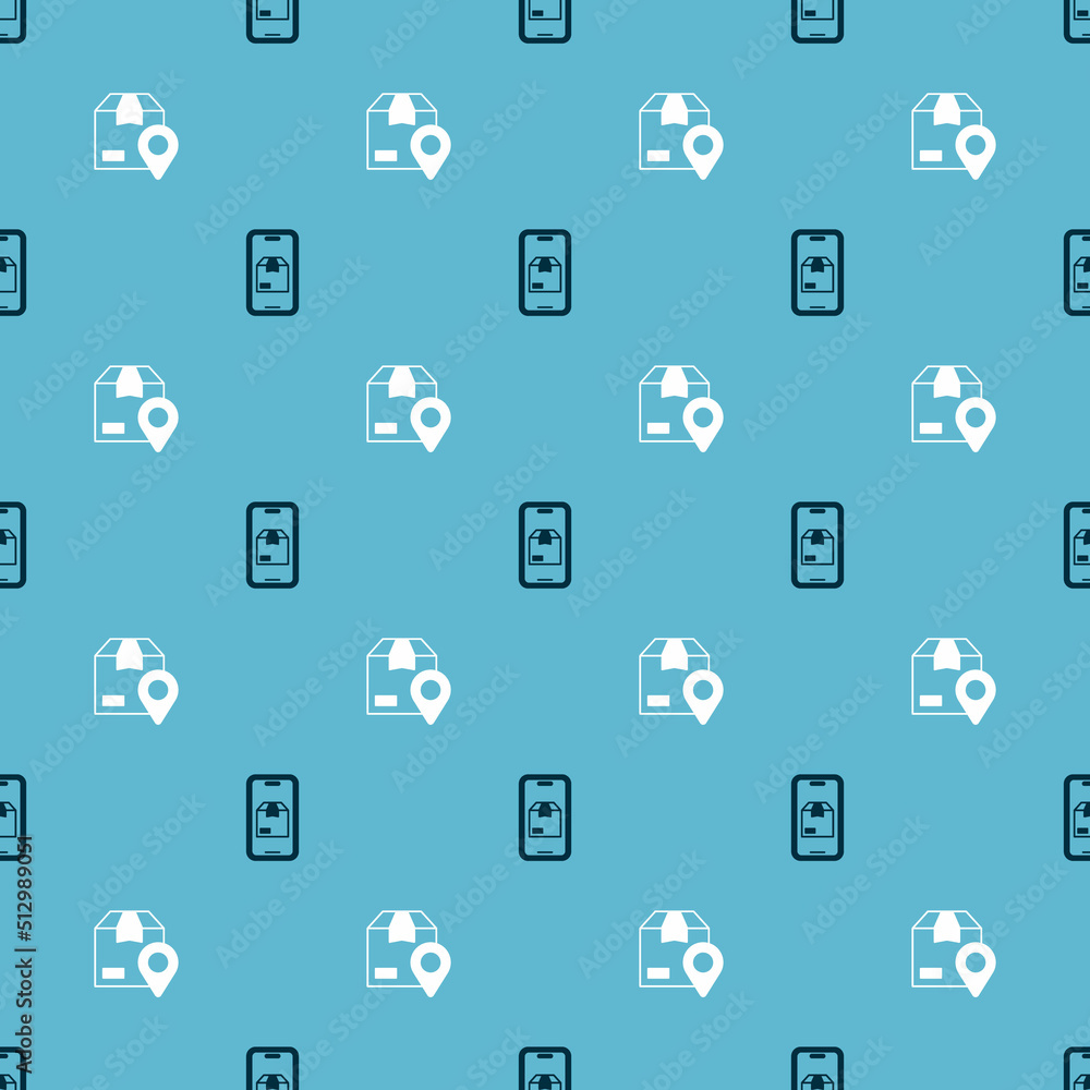 Poster set mobile app delivery tracking and location with cardboard box on seamless pattern. vector