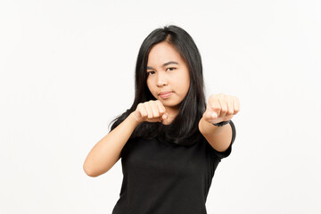 Punching fist to fight of Beautiful Asian Woman Isolated On White Background