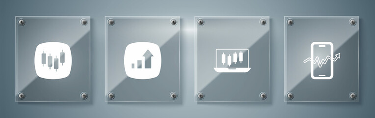 Set Mobile stock trading, Stocks market growth graphs, Financial and Browser with stocks. Square glass panels. Vector