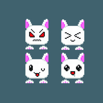 cute bunny head with emoticon set in pixel art style