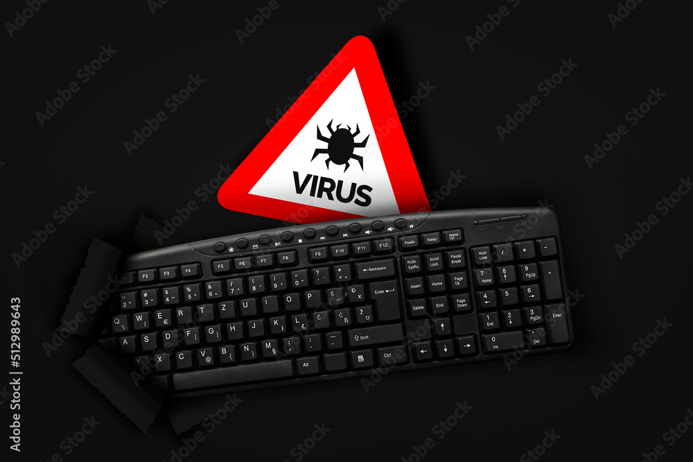 Poster pc keyboard with computer virus sign on black background