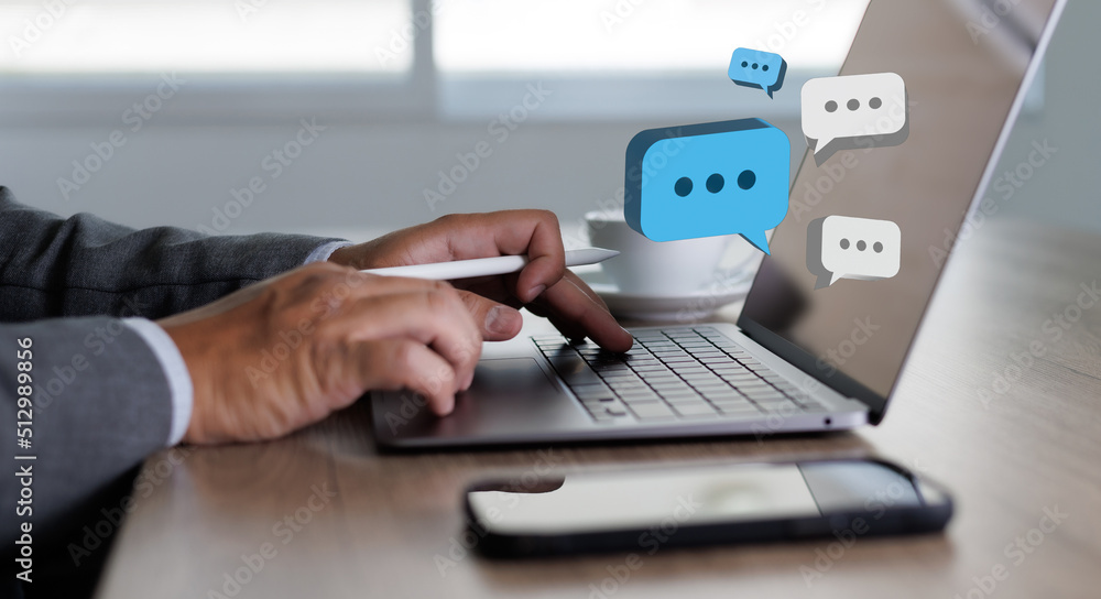 Poster pop up social media men hand using smartphone typing chatting live chat chatting on application comm