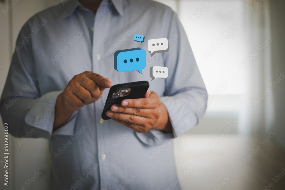 Poster pop up social media men hand using smartphone typing chatting live chat chatting on application comm