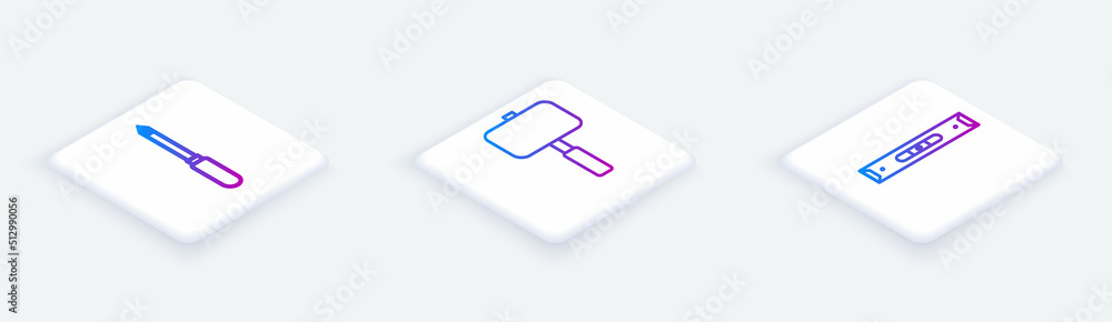Poster set isometric line screwdriver, sledgehammer and construction bubble level. white square button. vec