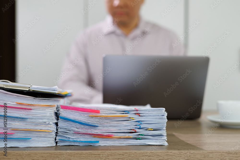 Poster business man work documents checking document paperwork report for analysis document management conc
