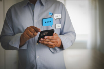 pop up Social media men hand using smartphone typing  chatting Live Chat Chatting on application Communication Digital social network concepts