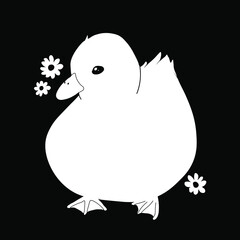 Vector illustration of white cute duck on black background.