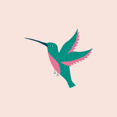 Green tiny hummingbird hand drawn vector illustration. Adorable tropical colibri bird in flat style for logo or icon.