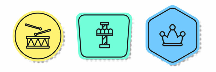 Set line Drum with drum sticks, Attraction carousel and Jester hat bells. Colored shapes. Vector