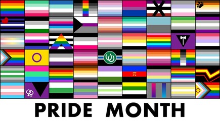 Cartel Pride Month con banderas LGBTIQ+ - obrazy, fototapety, plakaty