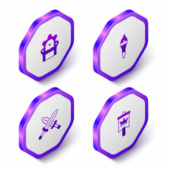 Set Isometric Medieval throne, Torch flame, Crossed medieval sword and flag icon. Purple hexagon button. Vector