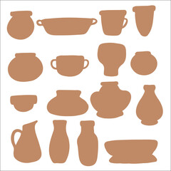 Vintage Set of Brown summer boho pot plant icons element collections. Collection of abstract shape elements ancient antique vase or jar for art print poster, banner, background or flyer.