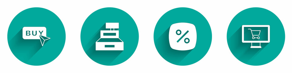 Set Buy button, Cash register machine, Discount percent tag and Shopping cart monitor icon with long shadow. Vector