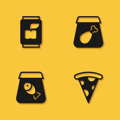 Set Soda can, Slice of pizza, Online ordering fish and meal icon with long shadow. Vector