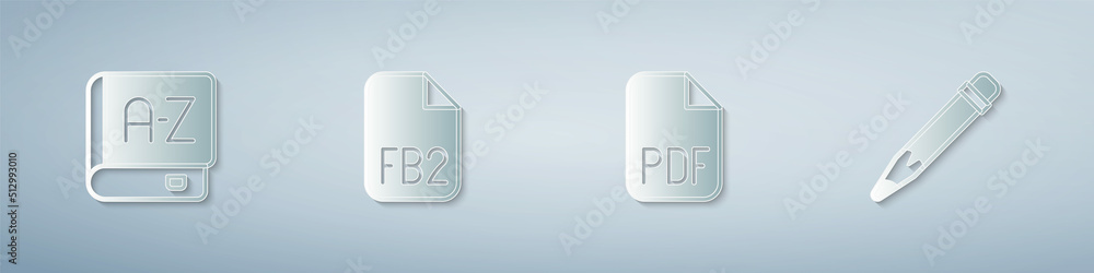 Poster set translator book, fb2 file, pdf file document and pencil with eraser. paper art style. vector