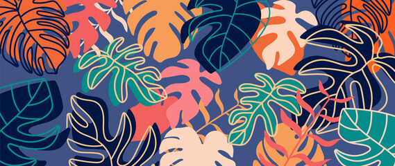 Abstract foliage and botanical background. Colorful tropical forest wallpaper of monstera leaves, palm, branches in hand drawn pattern. Exotic plants background for banner, prints, decor, wall art. © TWINS DESIGN STUDIO