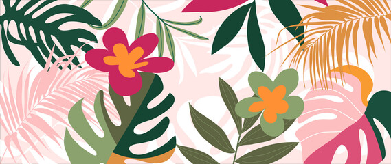 Abstract foliage and botanical background. Tropical forest wallpaper of monstera leaves, palm, branches, flowers in hand drawn pattern. Exotic plants background for banner, prints, decor, wall art. © TWINS DESIGN STUDIO