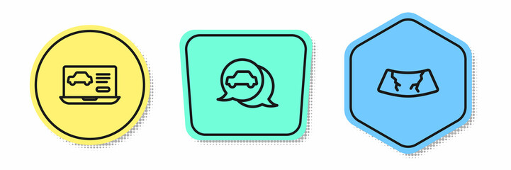 Set line Diagnostics condition of car, Car service and Broken windshield. Colored shapes. Vector