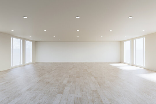 Empty room with White wall background wooden floor, Living room - 3D Rendering