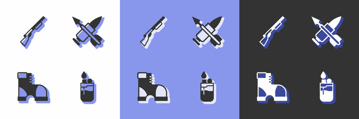 Set Lighter, Hunting gun, Hunter boots and Crossed bullet with arrow icon. Vector