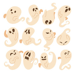 Hand drawn set of Halloween Cute Scary Spooky Ghost Objects Character Elements,  Vector illustration collections bundle set with Aesthetic Character
