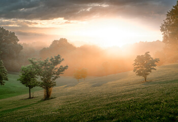 Beautiful landscape view of the Baringer Hill at misty sunrise in Louisville, Kentucky, USA - obrazy, fototapety, plakaty