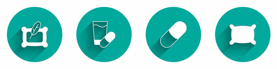 Set Pillow, Sleeping pill, and icon with long shadow. Vector