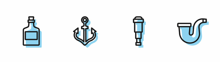 Set line Spyglass telescope lens, Alcohol drink Rum, Anchor and Smoking pipe icon. Vector