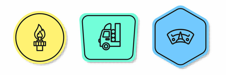 Set line Oil rig with fire, Gas tank for vehicle and Motor gas gauge. Colored shapes. Vector