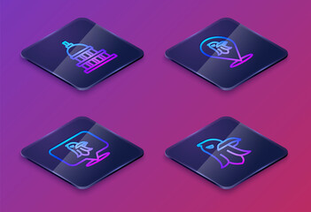 Set Isometric line White House, Eagle, and . Blue square button. Vector