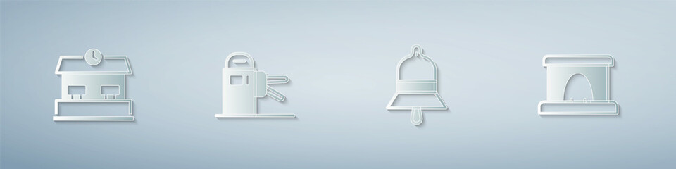 Set Railway station, Turnstile, Train bell and tunnel. Paper art style. Vector
